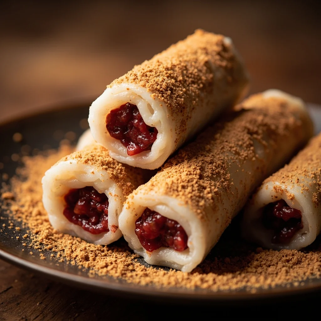 Sticky Rice Rolls with Red Bean Filling and Toasted Soy Dust